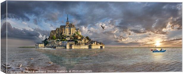 The Beautiful Mont St Michel cut off  surrounded by sea & sunrise Canvas Print by Paul E Williams