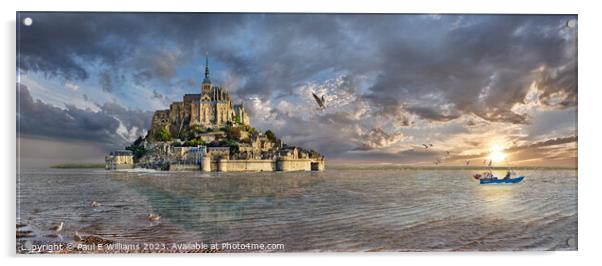 The Beautiful Mont St Michel cut off  surrounded by sea & sunrise Acrylic by Paul E Williams