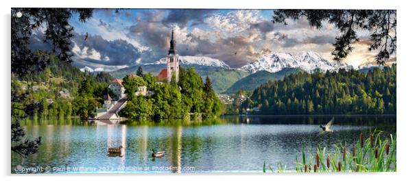 The Picturesque Island Church in Lake Bled with Alpine peaks beh Acrylic by Paul E Williams