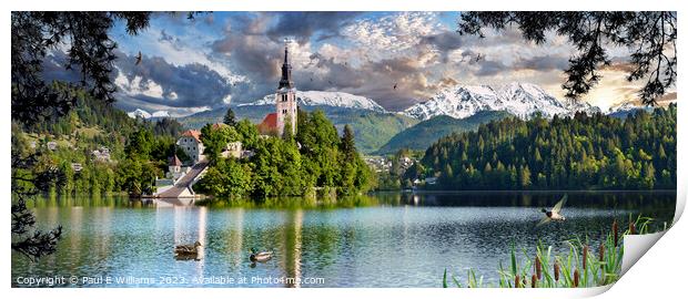 The Picturesque Island Church in Lake Bled with Alpine peaks beh Print by Paul E Williams