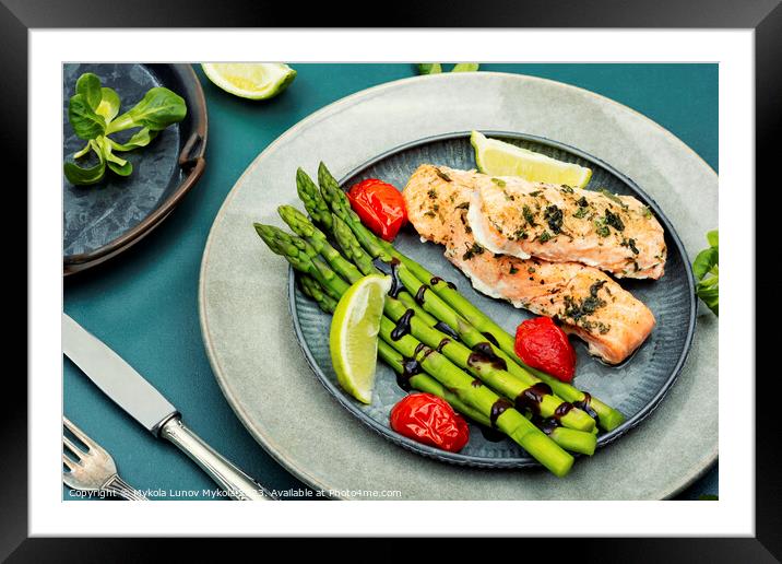 Salmon cooked with asparagus. Framed Mounted Print by Mykola Lunov Mykola