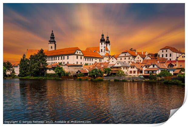 View of Telc across pond with reflections, South Moravia, Czech Republic. Print by Sergey Fedoskin