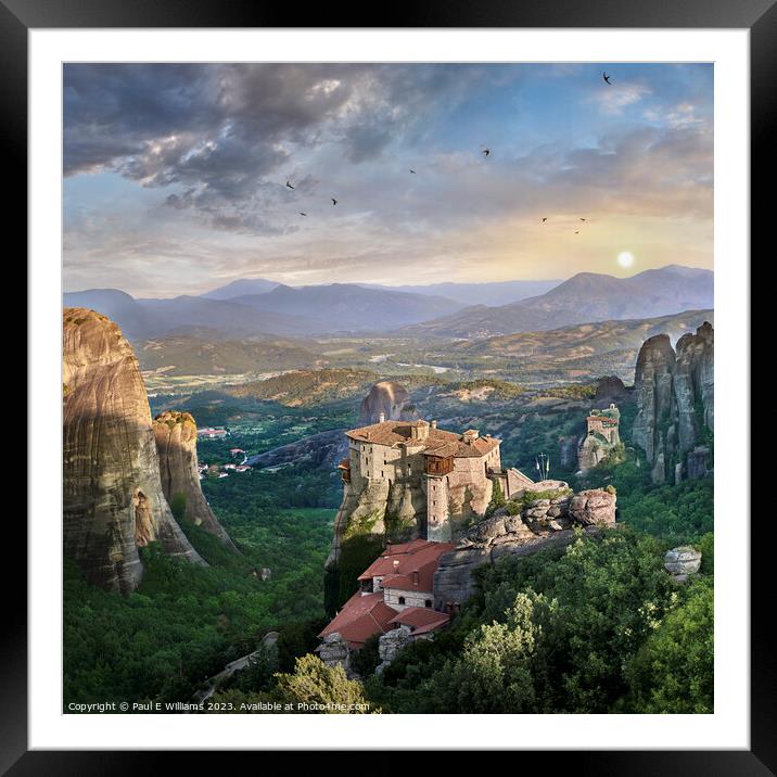 The Spectacular Rock Top Meteora Monastery of Rosanou at Sunrise Framed Mounted Print by Paul E Williams
