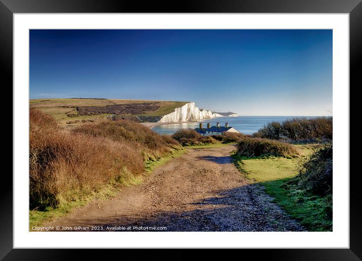 View of Seven Sisters Chalk Cliffs and Coastguard Cottages at Cuckmere Haven Sussex Framed Mounted Print by John Gilham