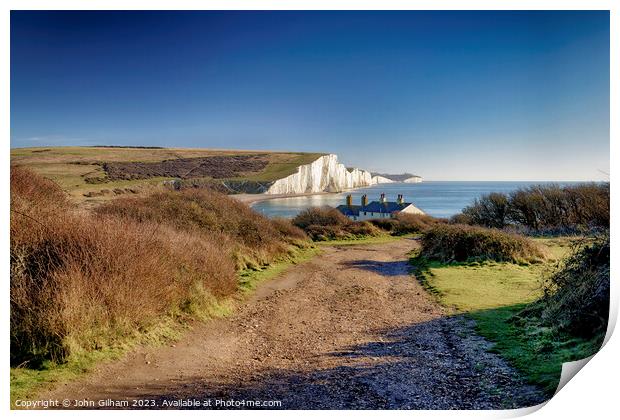 View of Seven Sisters Chalk Cliffs and Coastguard Cottages at Cuckmere Haven Sussex Print by John Gilham