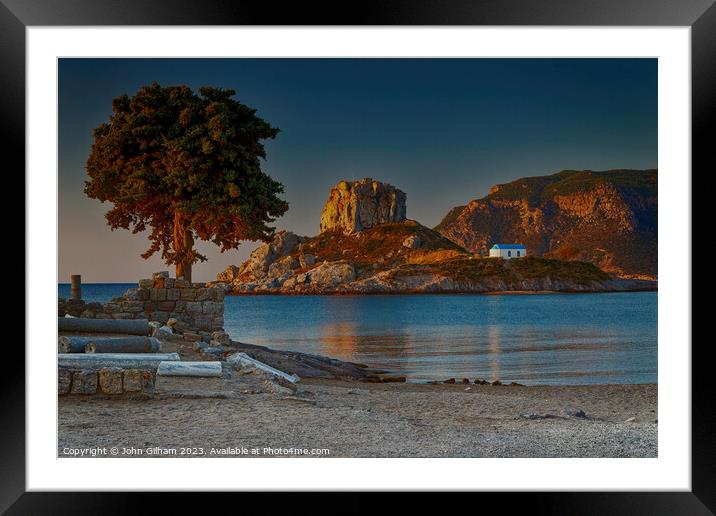 Sunrise at Kastri Island and the Church of Agios Stefanos Kos Greece Framed Mounted Print by John Gilham