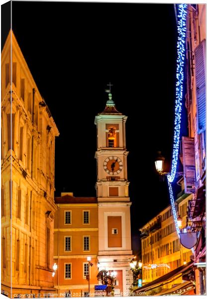 Street Christmas Decorations Steeple Outside Cathedral Nice Fran Canvas Print by William Perry