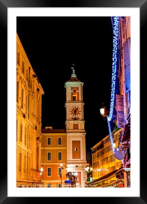 Street Christmas Decorations Steeple Outside Cathedral Nice Fran Framed Mounted Print by William Perry