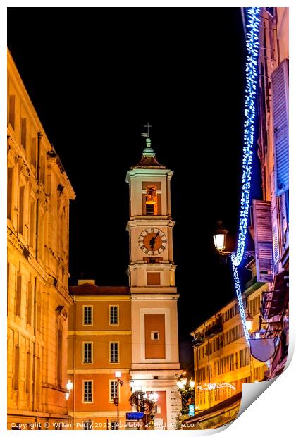 Street Christmas Decorations Steeple Outside Cathedral Nice Fran Print by William Perry