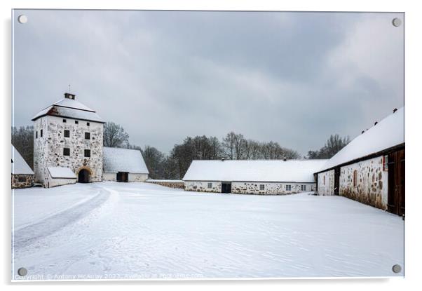 Hovdala Slott Gatehouse and Courtyard in Winter Acrylic by Antony McAulay