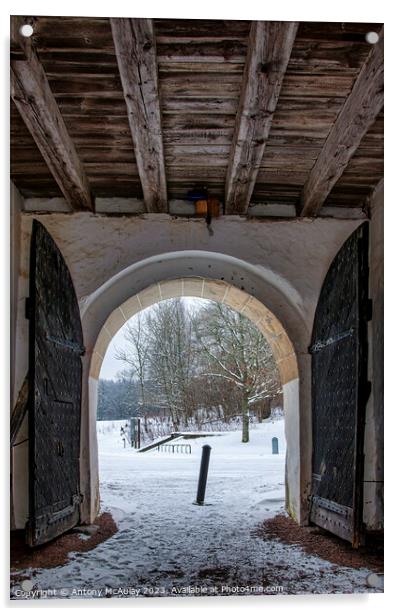 Hovdala Slott Gatehouse Arch in Winter Acrylic by Antony McAulay