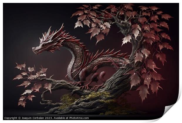 An Asian dragon, elongated snake-like and scaly, isolated on bac Print by Joaquin Corbalan