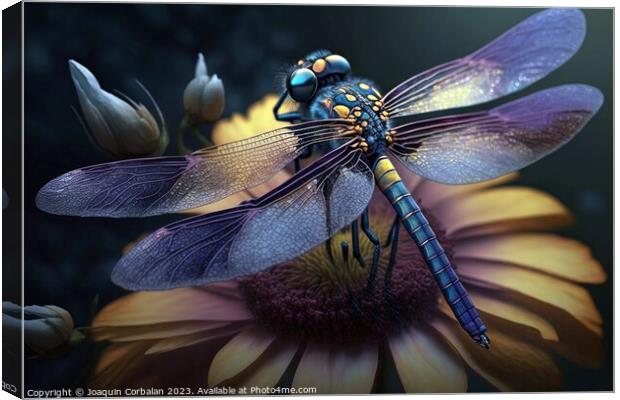 A beautiful dragonfly perched on a flower in spring. Ai generate Canvas Print by Joaquin Corbalan