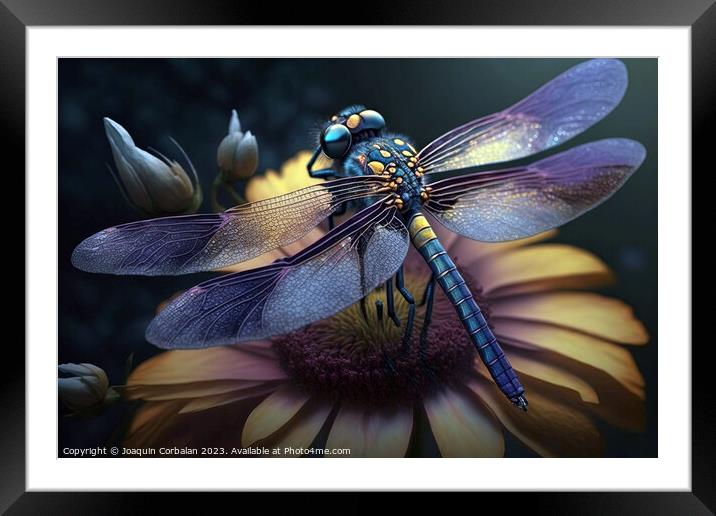 A beautiful dragonfly perched on a flower in spring. Ai generate Framed Mounted Print by Joaquin Corbalan