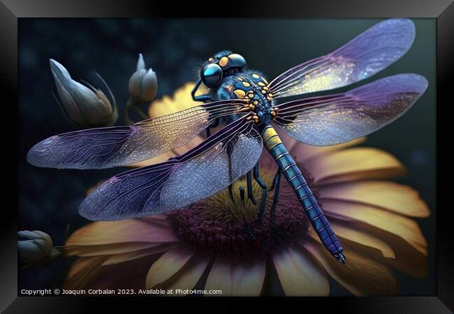 A beautiful dragonfly perched on a flower in spring. Ai generate Framed Print by Joaquin Corbalan