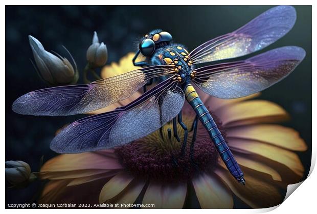 A beautiful dragonfly perched on a flower in spring. Ai generate Print by Joaquin Corbalan