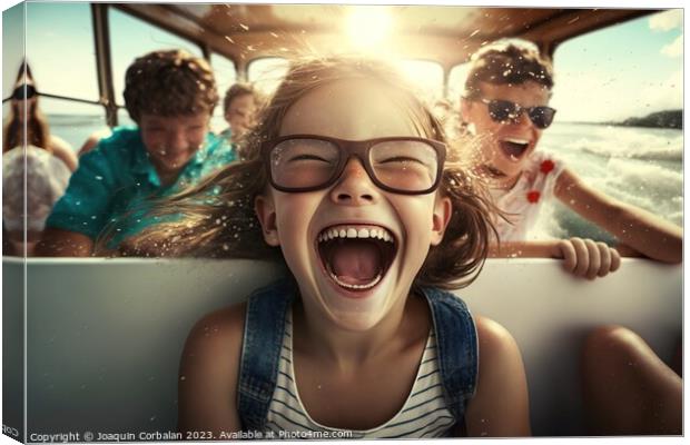 A girl squeals with joy during a car ride on vacation. Ai genera Canvas Print by Joaquin Corbalan