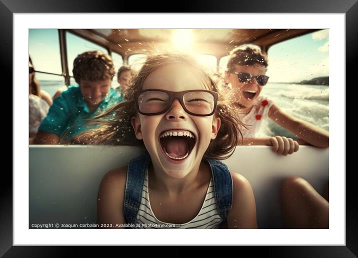 A girl squeals with joy during a car ride on vacation. Ai genera Framed Mounted Print by Joaquin Corbalan