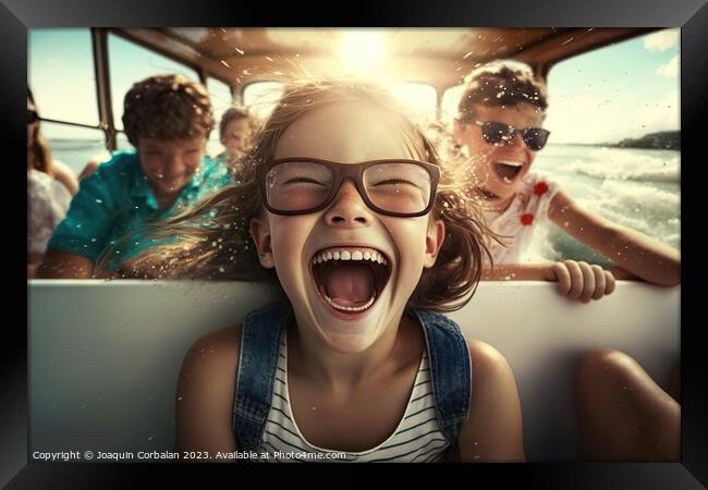 A girl squeals with joy during a car ride on vacation. Ai genera Framed Print by Joaquin Corbalan