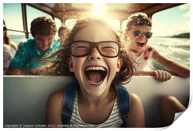 A girl squeals with joy during a car ride on vacation. Ai genera Print by Joaquin Corbalan