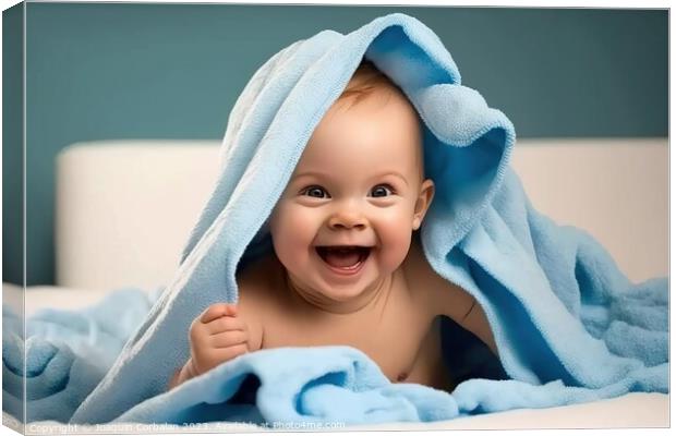 Happy baby laughs after his bath. AI generated. Canvas Print by Joaquin Corbalan