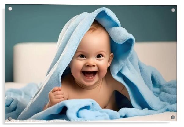 Happy baby laughs after his bath. AI generated. Acrylic by Joaquin Corbalan