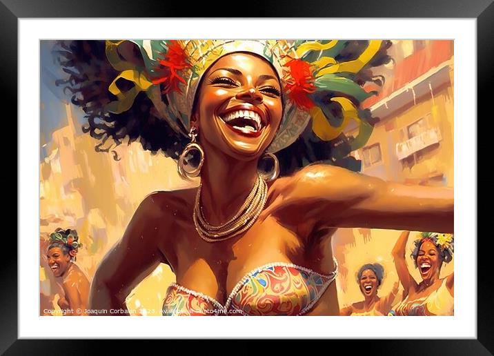 Illustration of a Brazilian woman at the carnival, laughing. Ai  Framed Mounted Print by Joaquin Corbalan