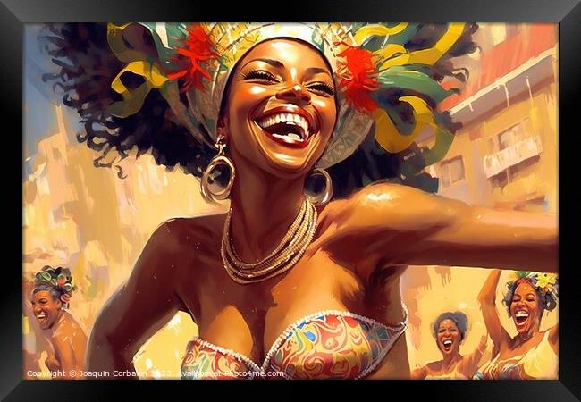 Illustration of a Brazilian woman at the carnival, laughing. Ai  Framed Print by Joaquin Corbalan