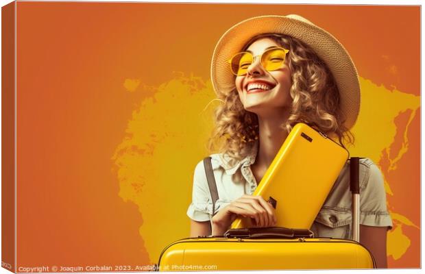 A happy woman with her suitcases and luggage to start her vacati Canvas Print by Joaquin Corbalan