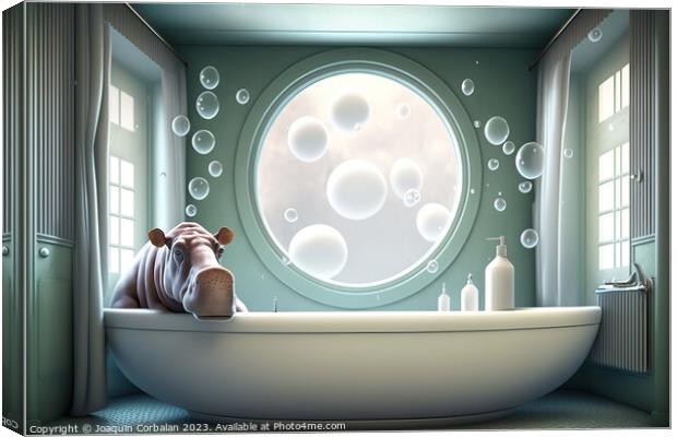 Illustration of a cute hippopotamus taking a bath in a modern ho Canvas Print by Joaquin Corbalan