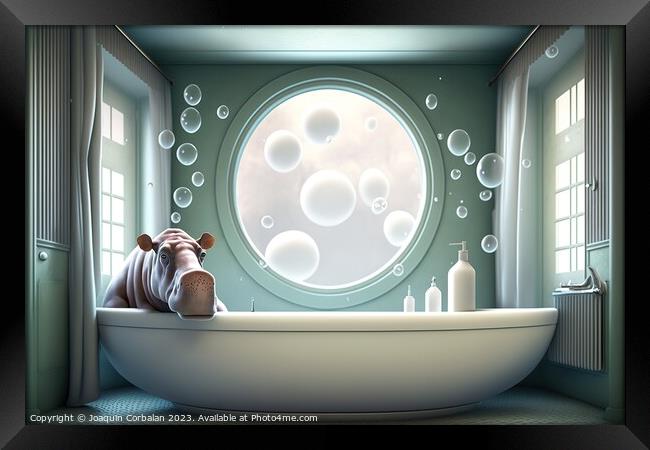 Illustration of a cute hippopotamus taking a bath in a modern ho Framed Print by Joaquin Corbalan