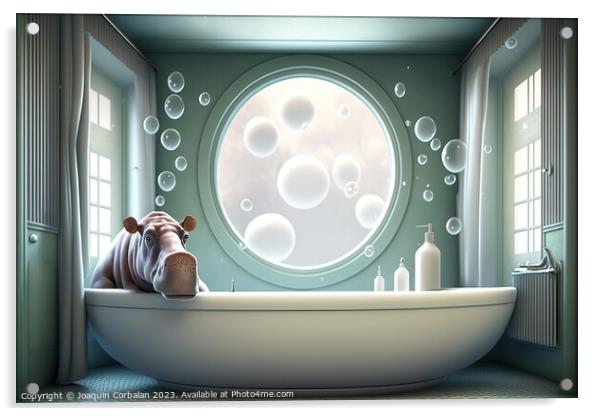 Illustration of a cute hippopotamus taking a bath in a modern ho Acrylic by Joaquin Corbalan