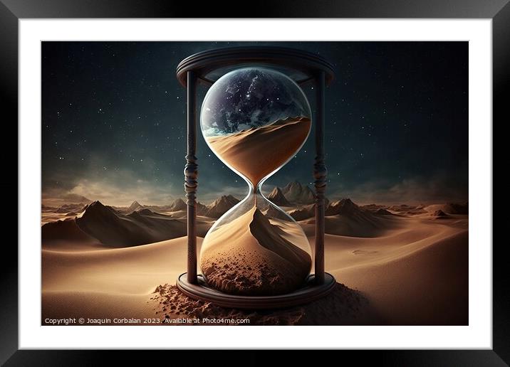 An hourglass filled with golden sand, a visual reminder that tim Framed Mounted Print by Joaquin Corbalan