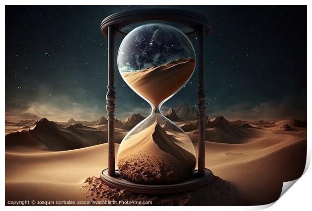 An hourglass filled with golden sand, a visual reminder that tim Print by Joaquin Corbalan