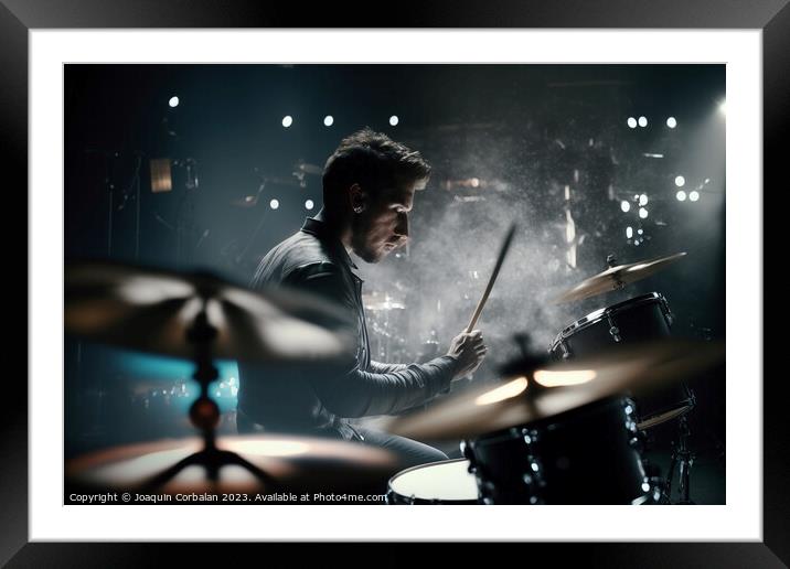 Young music man plays the drums energetically at a concert. ai g Framed Mounted Print by Joaquin Corbalan