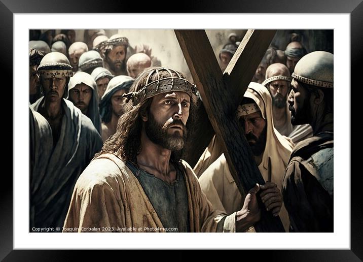 Illustration of the Passion of Christ, carrying the cross and su Framed Mounted Print by Joaquin Corbalan