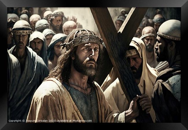 Illustration of the Passion of Christ, carrying the cross and su Framed Print by Joaquin Corbalan
