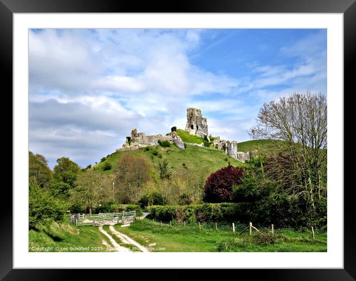 Majestic Ruins of Corfe Castle Framed Mounted Print by Les Schofield