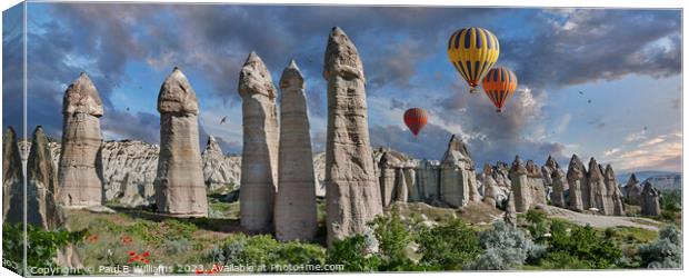 Fairy Chimneys and Hot Air Balloons in Cappadocia Canvas Print by Paul E Williams