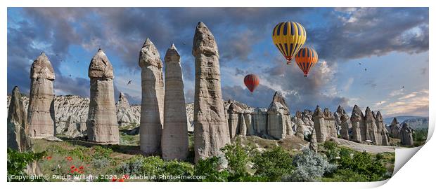 Fairy Chimneys and Hot Air Balloons in Cappadocia Print by Paul E Williams