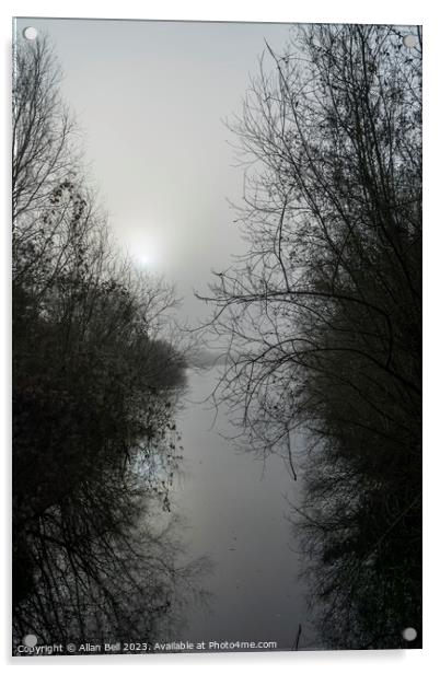 Misty sun over lake in Monochrome Acrylic by Allan Bell