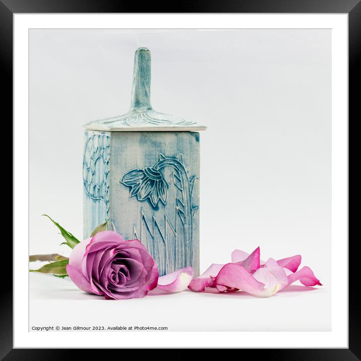 Rose and Blue Ceramic Pot Framed Mounted Print by Jean Gilmour
