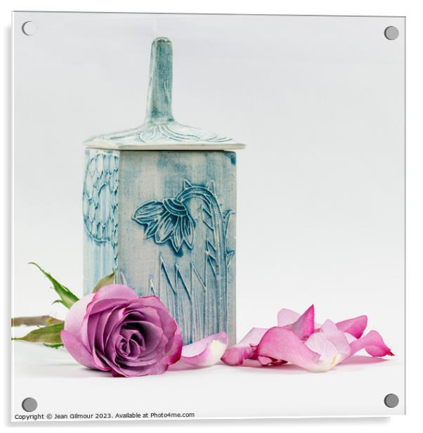 Rose and Blue Ceramic Pot Acrylic by Jean Gilmour