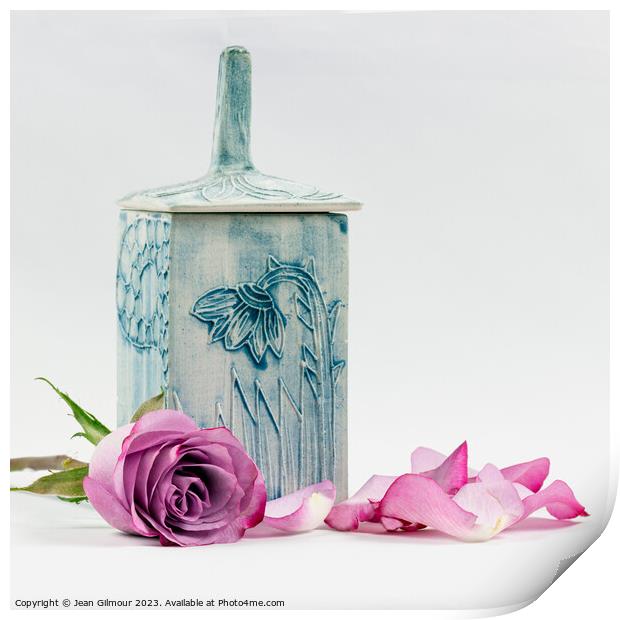 Rose and Blue Ceramic Pot Print by Jean Gilmour