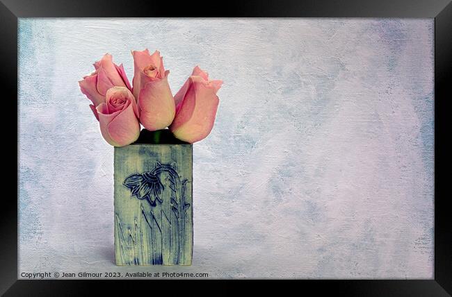 Roses in Ceramic Pot Framed Print by Jean Gilmour