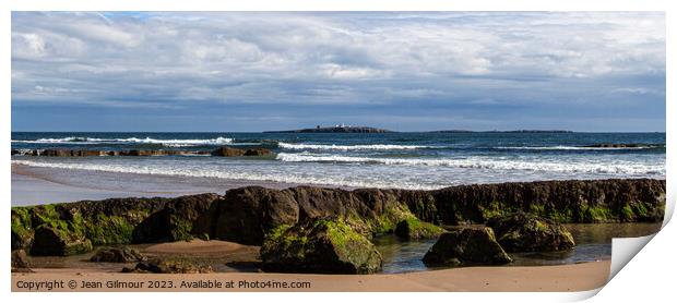 Looking across to The Farne Islands from Banburgh Beach Print by Jean Gilmour