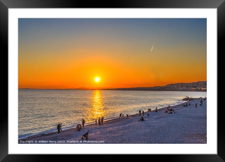 Watching Sun Go Down Beach Reflection Mediterranean Sea Nice Fra Framed Mounted Print by William Perry