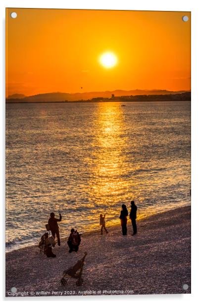 Watching Sun Go Down Beach Mediterranean Sea Nice France Acrylic by William Perry