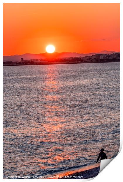 Watching Sun Go Down Beach Reflection Mediterranean Sea Nice Fra Print by William Perry