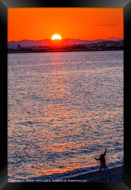 Watching Sun Go Down Beach Reflection Mediterranean Sea Nice Fra Framed Print by William Perry